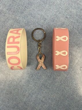 Pink Breast Cancer Ribbon Keychain and Coordinating Silicone Bands